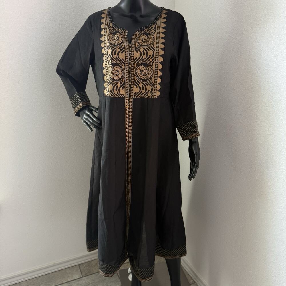 Black Gold Embroidered Modest Maxi Dress XL Abaya Kaftan Cotton Made in India